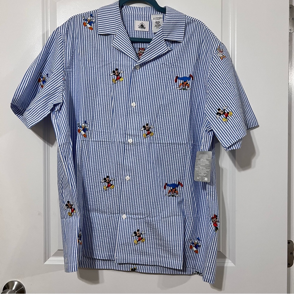 Disney Embroidered Woven Striped Short Sleeve Button Down Shirt XL NWT